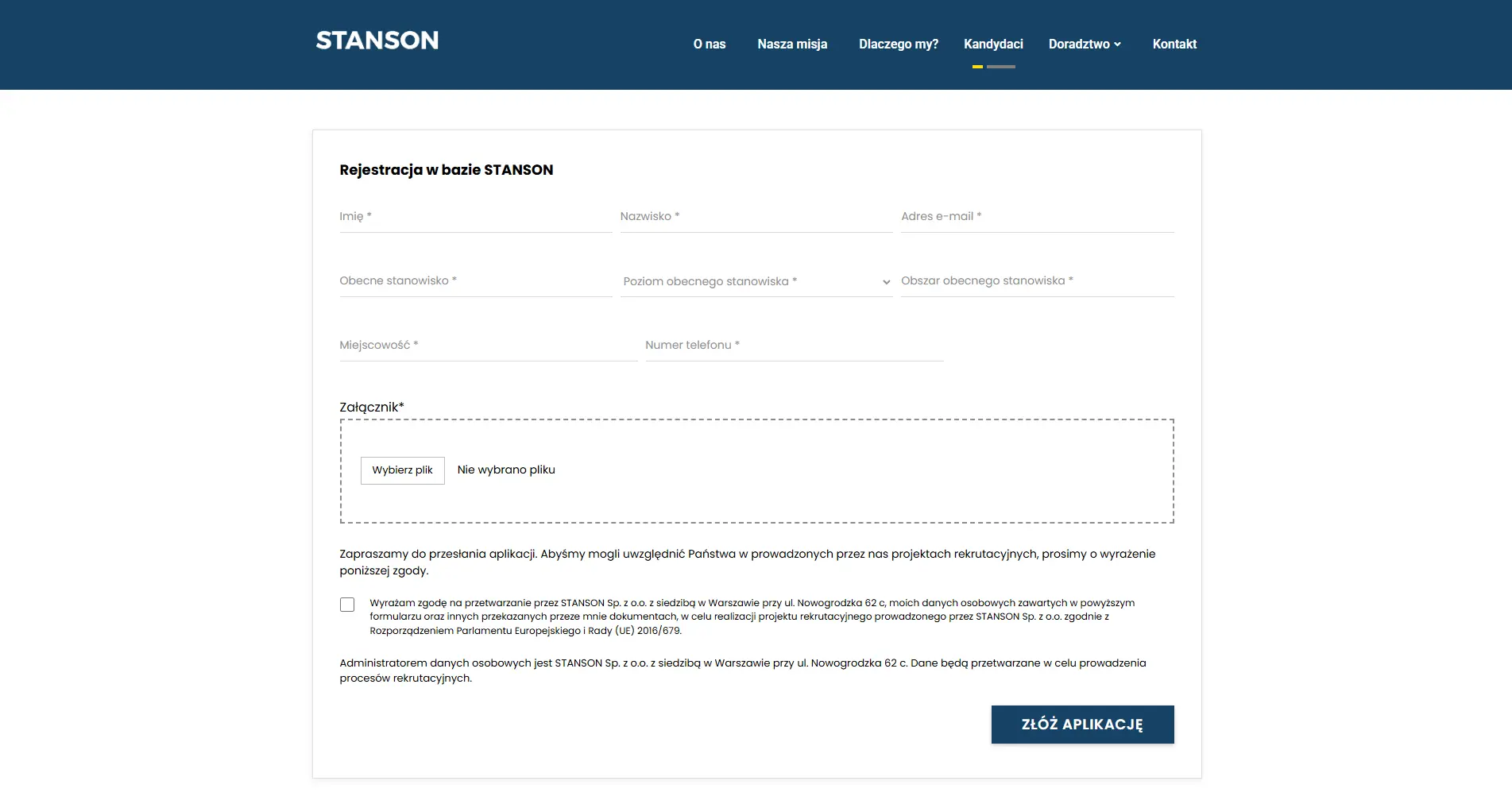 Formularz rejestracji kandydata w bazie Stanson z możliwością przesłania CV